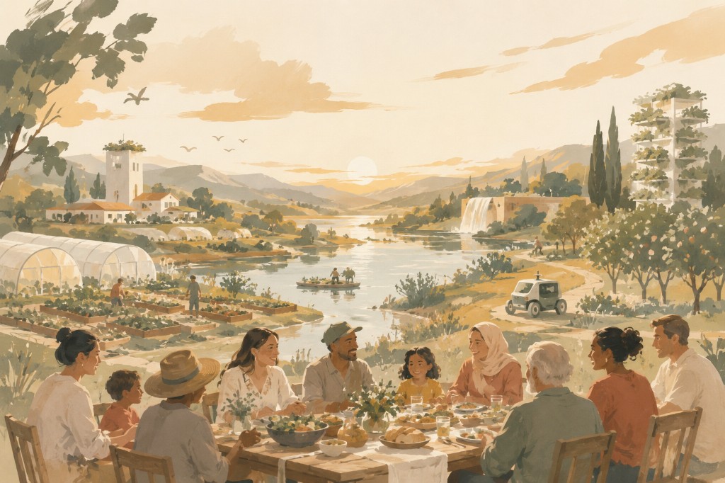Watercolor illustration of a community sharing abundant food outdoors