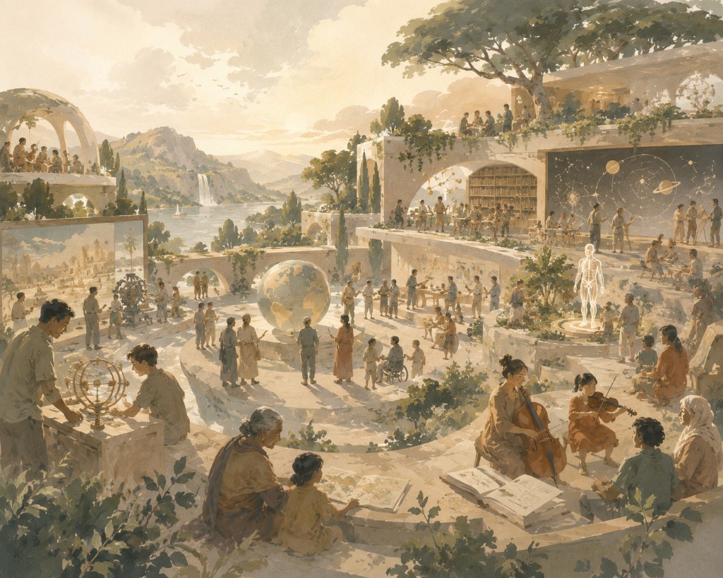 Watercolor illustration of people learning and sharing knowledge together