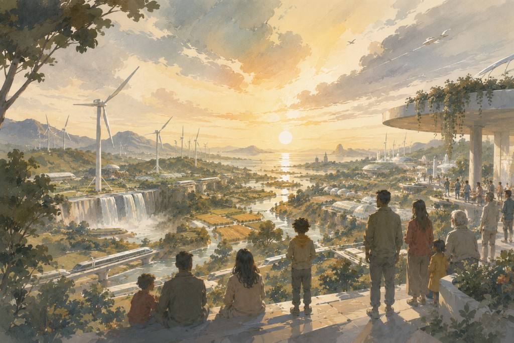 Watercolor illustration of wind turbines, waterfalls, and sustainable energy across a golden valley