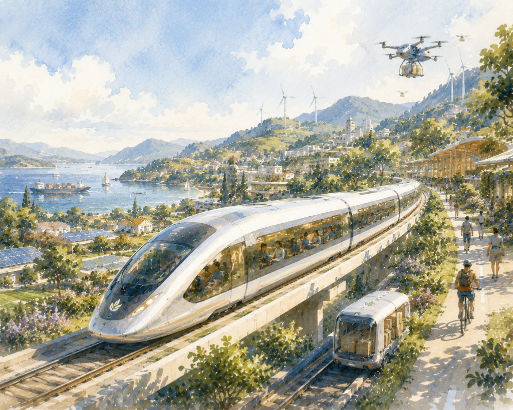 Watercolor illustration of a sustainable transportation hub with high-speed rail, autonomous delivery, drones, and cycling paths